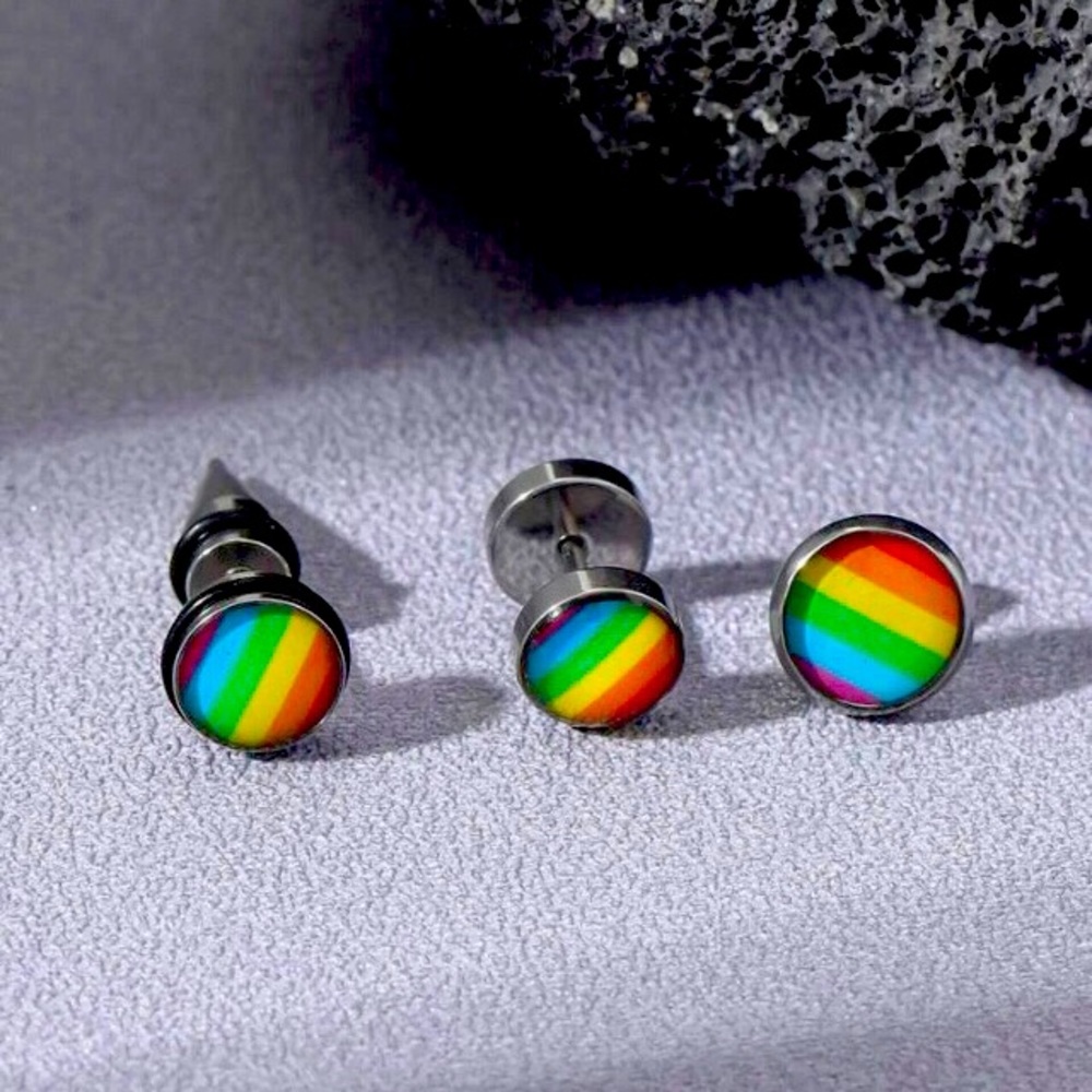 🌈PRIDE 3 Pc Set Men’s/Unisex Stainless Steel Rainbow Round Stud Earrings NWT